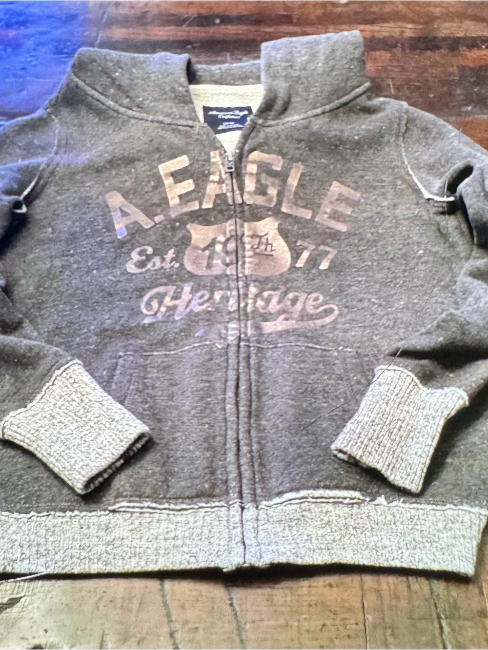 American Eagle Outfitters Heather Gray Zip-Up Hoodie Sweatshirt with Faded Logo